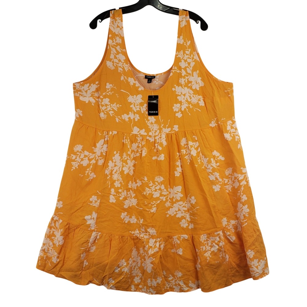 Torrid Wash Challis Tiered Tank Mini Dress Womens 2X Orange Floral Boho Summer